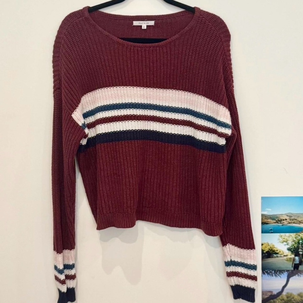 PacSun Maroon and Striped Crew Neck Sweater